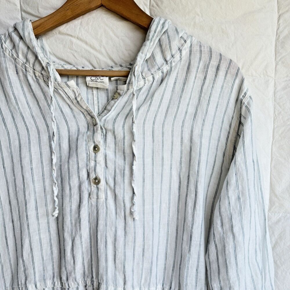 C&C California Womens Medium 100% Linen Striped Hoodie Pullover Shirt White Blue - Picture 7 of 15